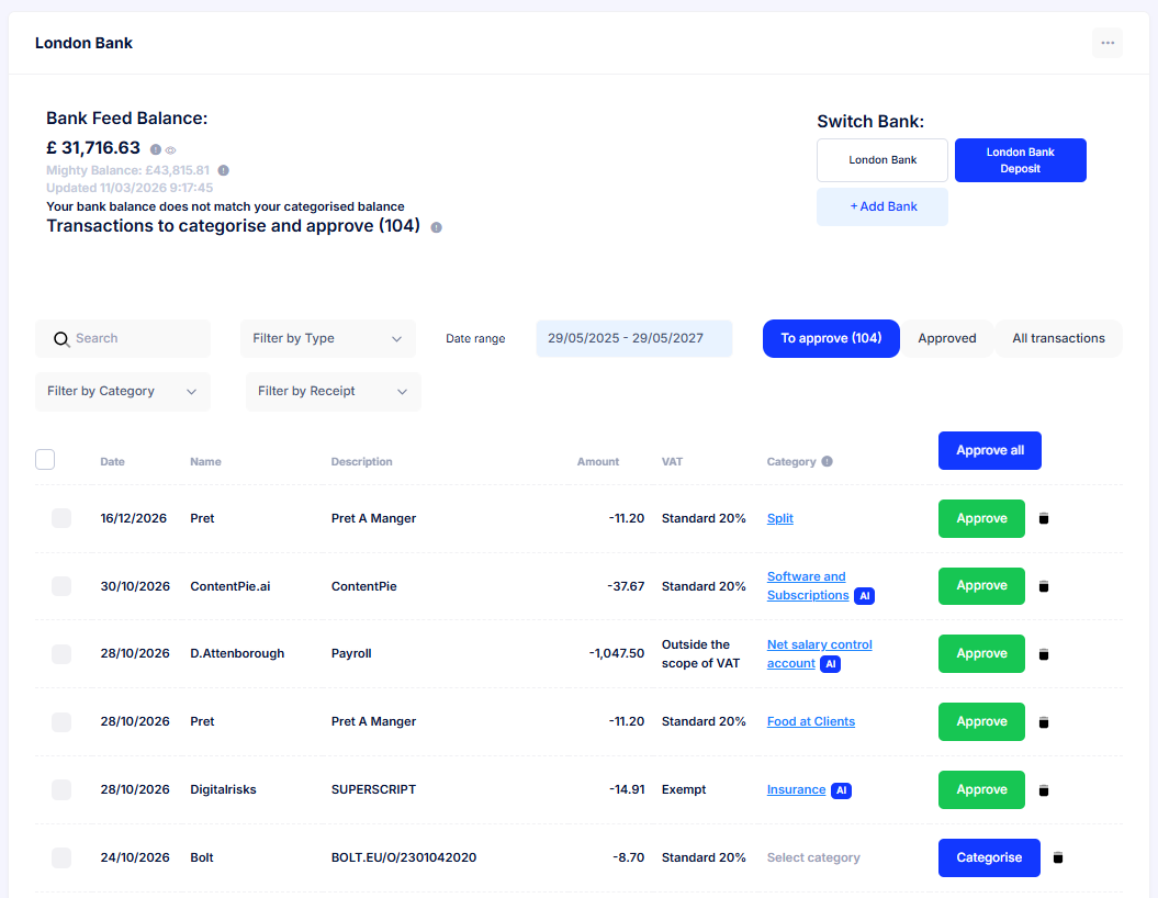 Mighty bookkeeping: bank feed with transactions to categorise and approve