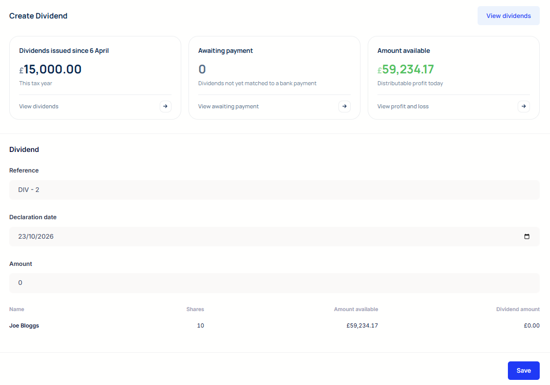 Mighty Create Dividend screen showing dividends issued, awaiting payment and amount available to declare