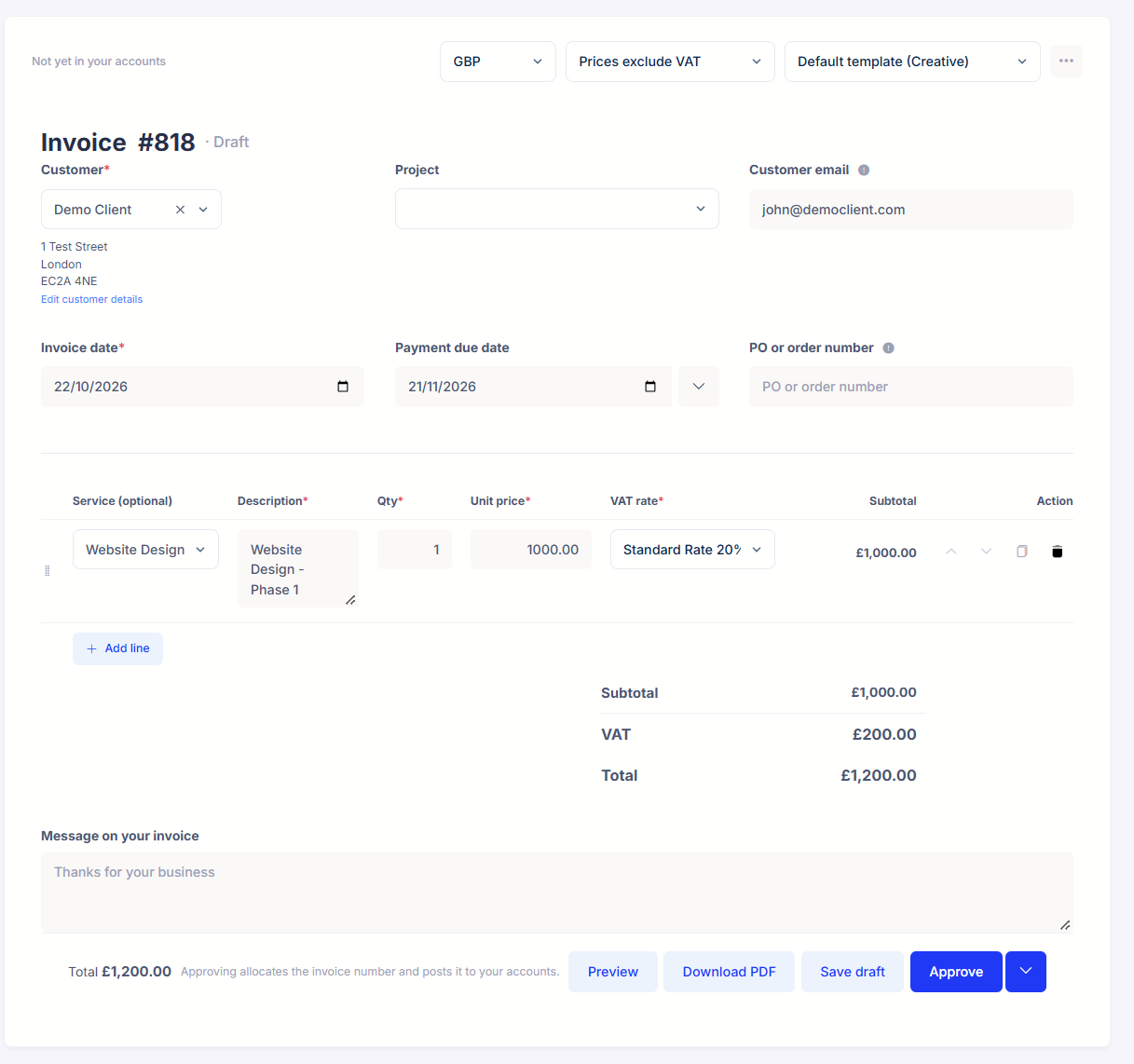 Mighty invoice editor with a customer, invoice and due dates, a Website Design service line at £1,000 with standard rate VAT, and a £1,200 total