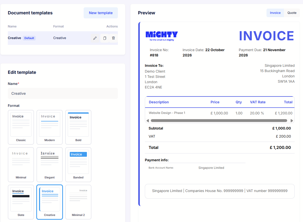 Mighty document templates: a choice of nine invoice formats beside a live preview of an invoice with the company logo