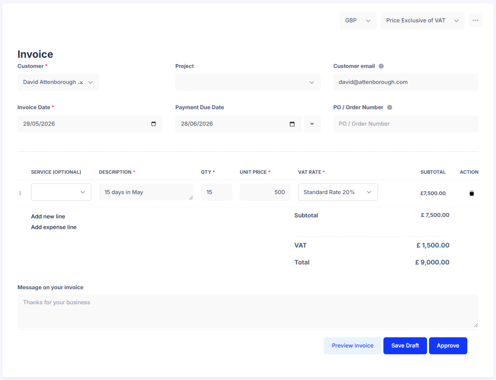 Mighty invoice editor with service lines, VAT and totals