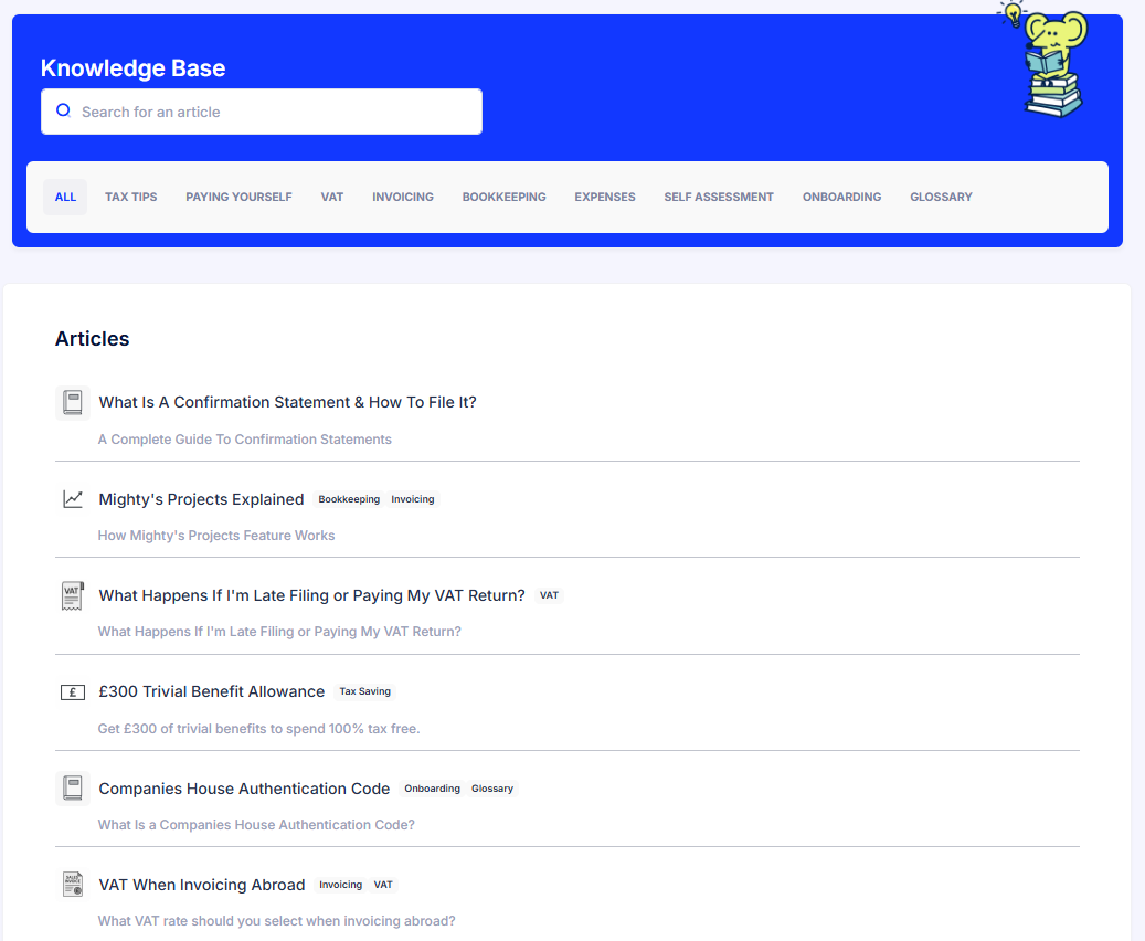 Mighty Knowledge Base with searchable articles and guides
