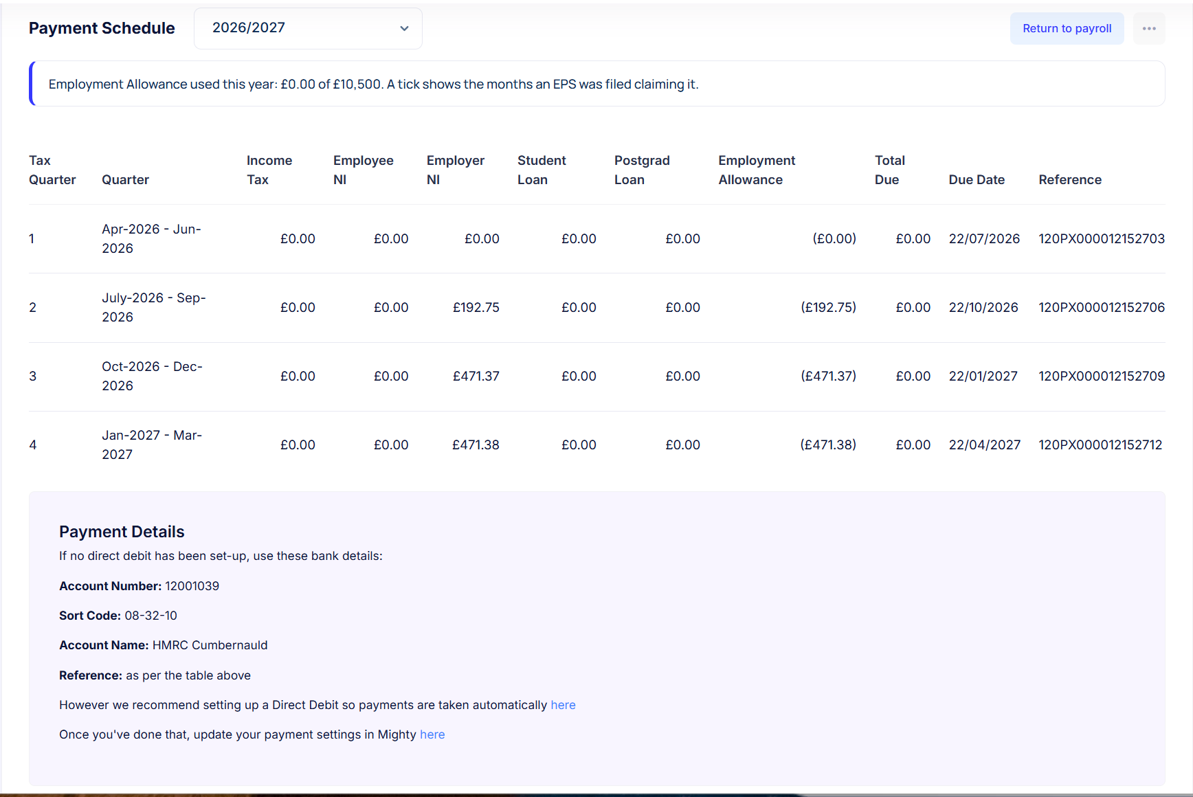Mighty payment schedule for 2026/27 showing income tax, NI, Employment Allowance, total due, due date and HMRC payment reference for each quarter