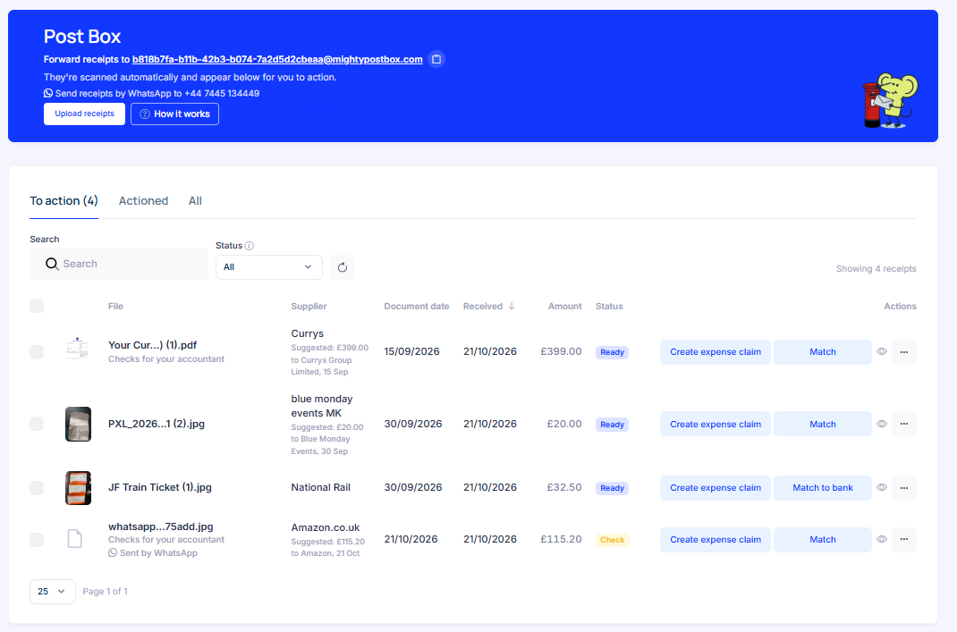Mighty Post Box list on the To action tab, showing four receipts with supplier, date, amount, status pills and suggested bank matches