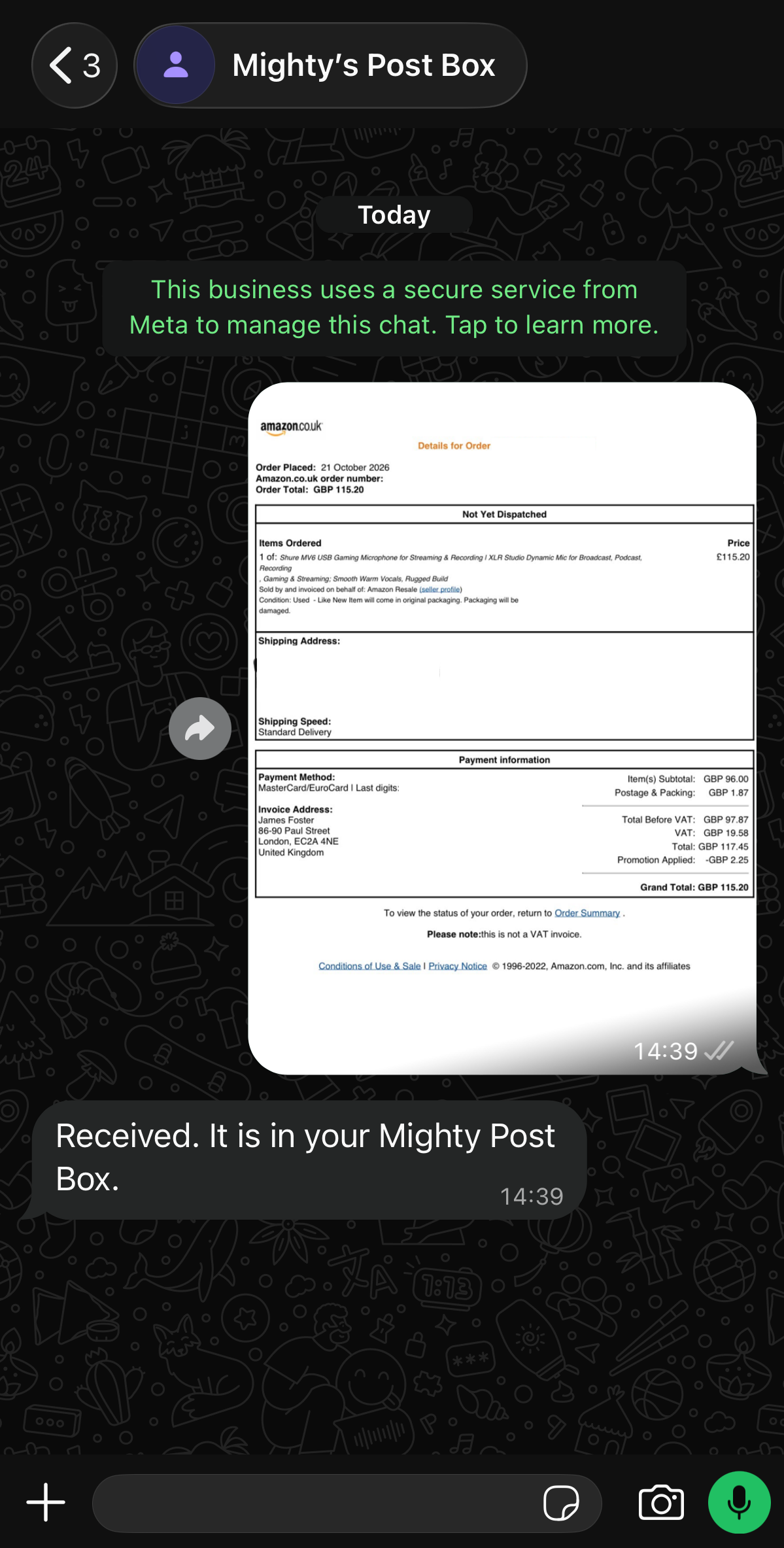 WhatsApp chat with Mighty's Post Box: a receipt photo is sent and Mighty replies that it's in your Post Box
