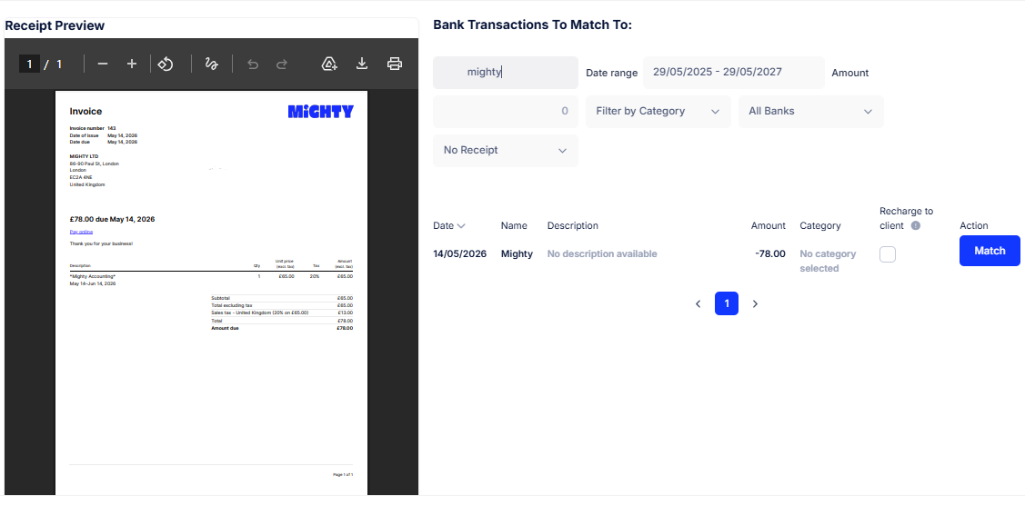 Mighty Post Box: receipt preview matched to bank transactions