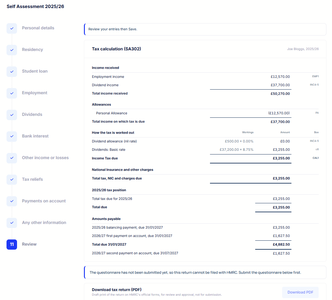 Mighty Self Assessment review step showing the SA302 tax calculation and amounts payable