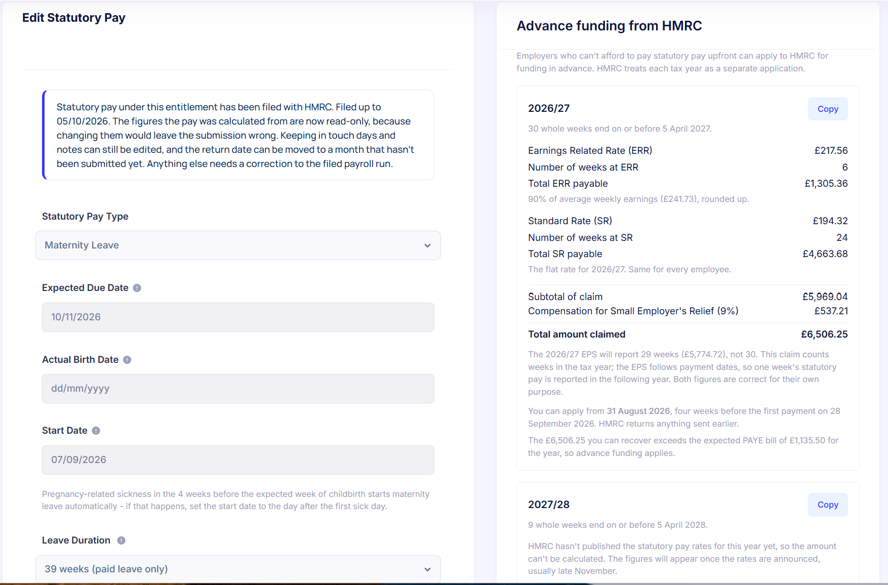 Mighty statutory pay screen for maternity leave, with the advance funding from HMRC breakdown: earnings related rate, standard rate and total amount claimed of £6,506.25